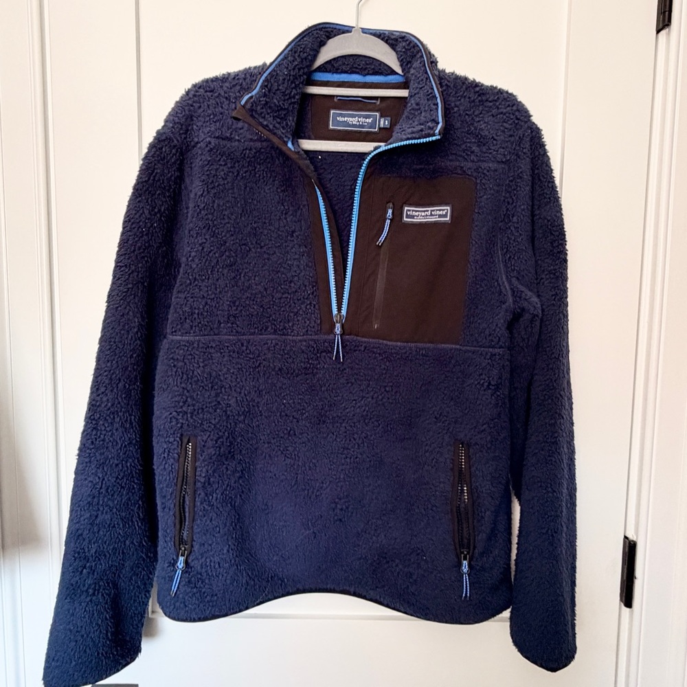 Vineyard Vines Navy Blue Sherpa Men’s Jacket Fleece Black Trim Size Small
